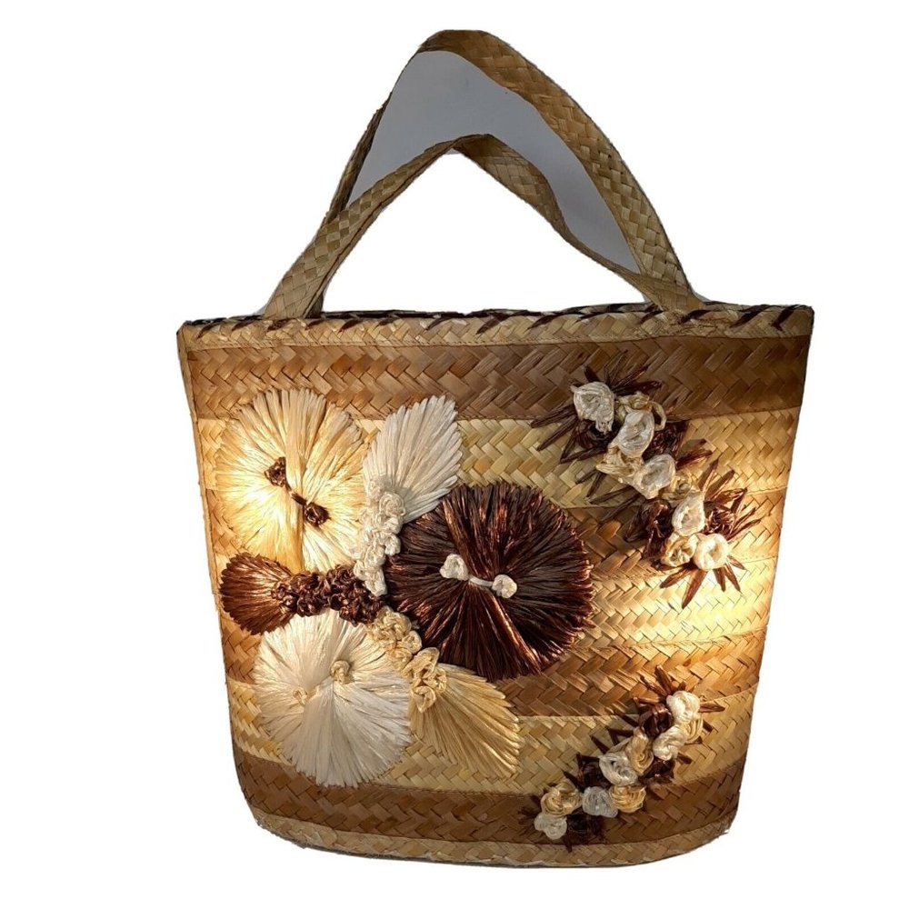 Vintage Rattan Straw Wicker Purse Tote Raffia Beach Bag Large BOHO Woven